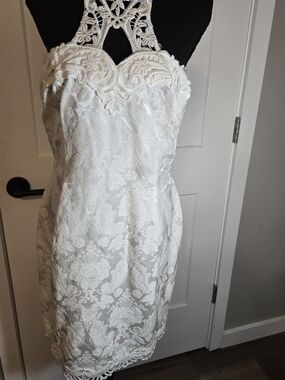 Vintage Scott McClintock Ivory Damask Halter Dress Cutout Back - Size 14